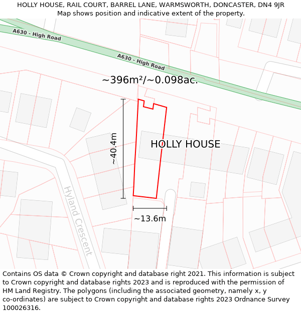 HOLLY HOUSE, RAIL COURT, BARREL LANE, WARMSWORTH, DONCASTER, DN4 9JR: Plot and title map