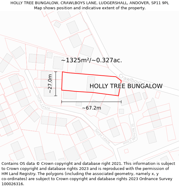 HOLLY TREE BUNGALOW, CRAWLBOYS LANE, LUDGERSHALL, ANDOVER, SP11 9PL: Plot and title map