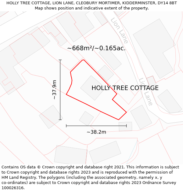 HOLLY TREE COTTAGE, LION LANE, CLEOBURY MORTIMER, KIDDERMINSTER, DY14 8BT: Plot and title map