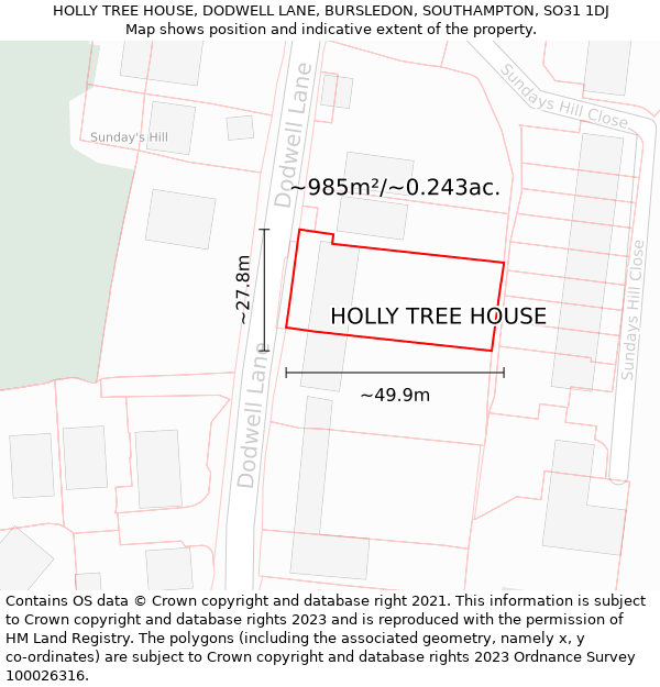 HOLLY TREE HOUSE, DODWELL LANE, BURSLEDON, SOUTHAMPTON, SO31 1DJ: Plot and title map
