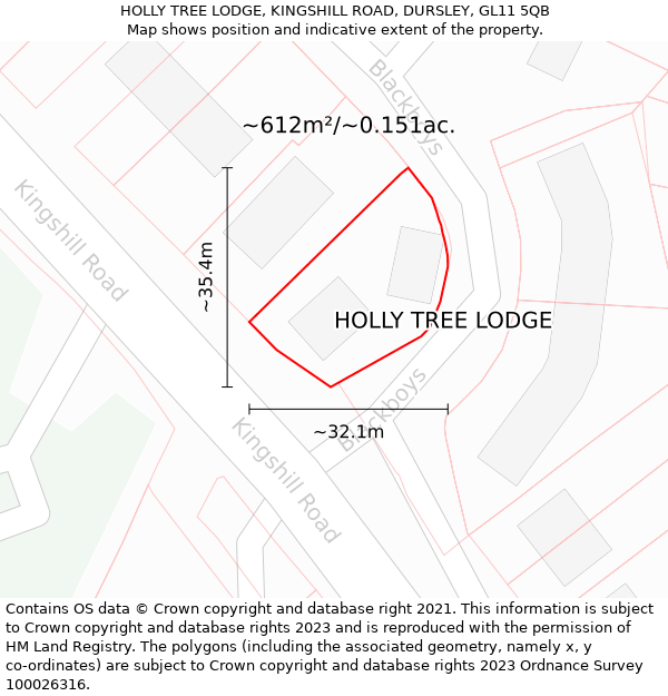 HOLLY TREE LODGE, KINGSHILL ROAD, DURSLEY, GL11 5QB: Plot and title map