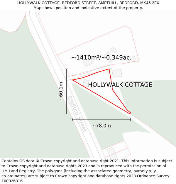 HOLLYWALK COTTAGE, BEDFORD STREET, AMPTHILL, BEDFORD, MK45 2EX: Plot and title map