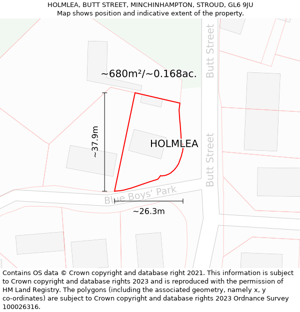 HOLMLEA, BUTT STREET, MINCHINHAMPTON, STROUD, GL6 9JU: Plot and title map