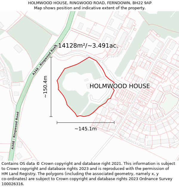 HOLMWOOD HOUSE, RINGWOOD ROAD, FERNDOWN, BH22 9AP: Plot and title map