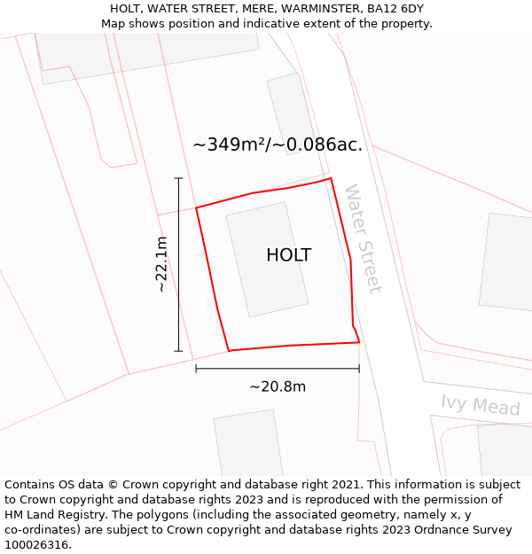 HOLT, WATER STREET, MERE, WARMINSTER, BA12 6DY: Plot and title map