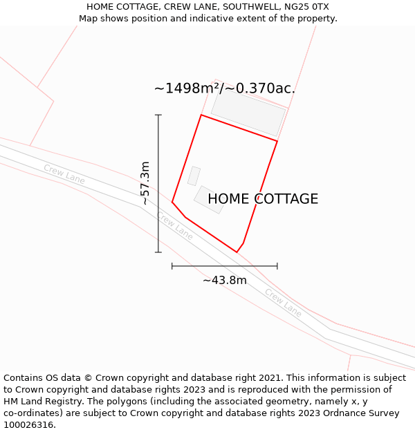 HOME COTTAGE, CREW LANE, SOUTHWELL, NG25 0TX: Plot and title map
