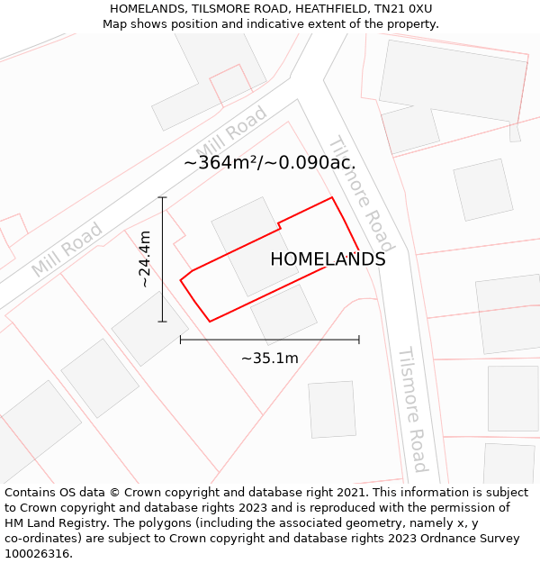 HOMELANDS, TILSMORE ROAD, HEATHFIELD, TN21 0XU: Plot and title map