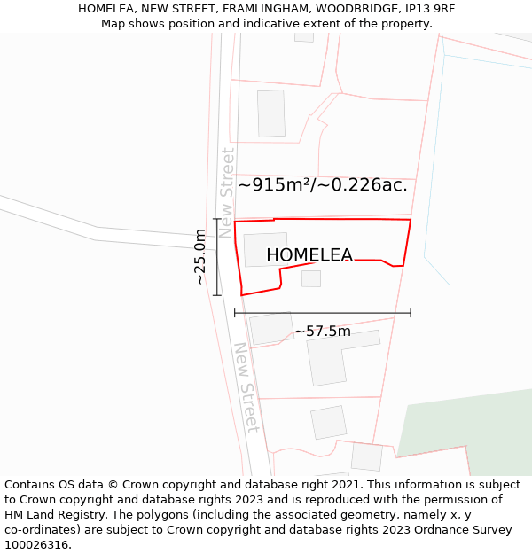 HOMELEA, NEW STREET, FRAMLINGHAM, WOODBRIDGE, IP13 9RF: Plot and title map