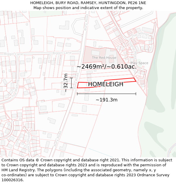 HOMELEIGH, BURY ROAD, RAMSEY, HUNTINGDON, PE26 1NE: Plot and title map