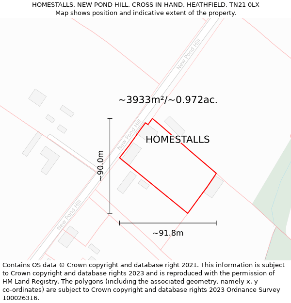 HOMESTALLS, NEW POND HILL, CROSS IN HAND, HEATHFIELD, TN21 0LX: Plot and title map