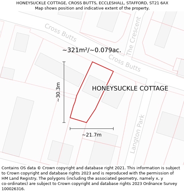 HONEYSUCKLE COTTAGE, CROSS BUTTS, ECCLESHALL, STAFFORD, ST21 6AX: Plot and title map