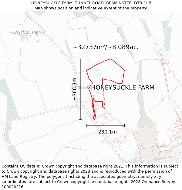 HONEYSUCKLE FARM, TUNNEL ROAD, BEAMINSTER, DT8 3HB: Plot and title map