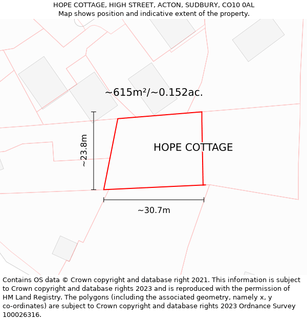 HOPE COTTAGE, HIGH STREET, ACTON, SUDBURY, CO10 0AL: Plot and title map