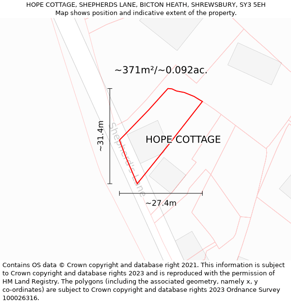 HOPE COTTAGE, SHEPHERDS LANE, BICTON HEATH, SHREWSBURY, SY3 5EH: Plot and title map