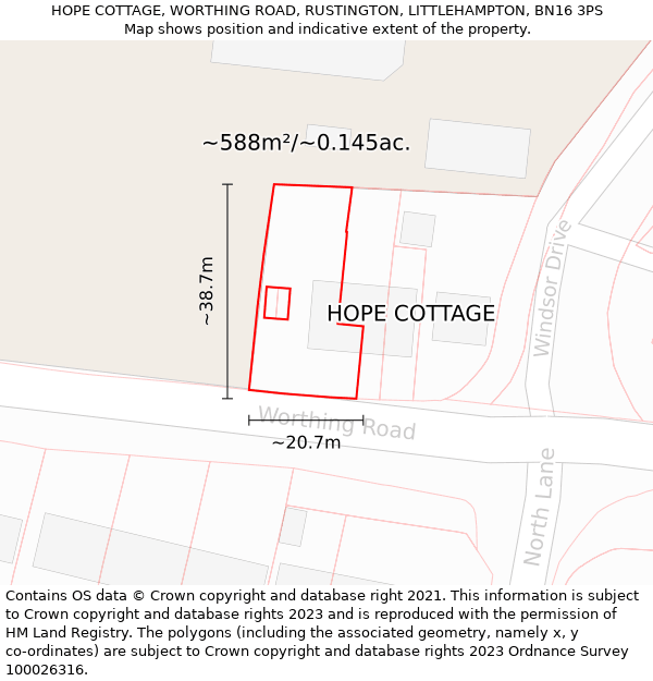 HOPE COTTAGE, WORTHING ROAD, RUSTINGTON, LITTLEHAMPTON, BN16 3PS: Plot and title map