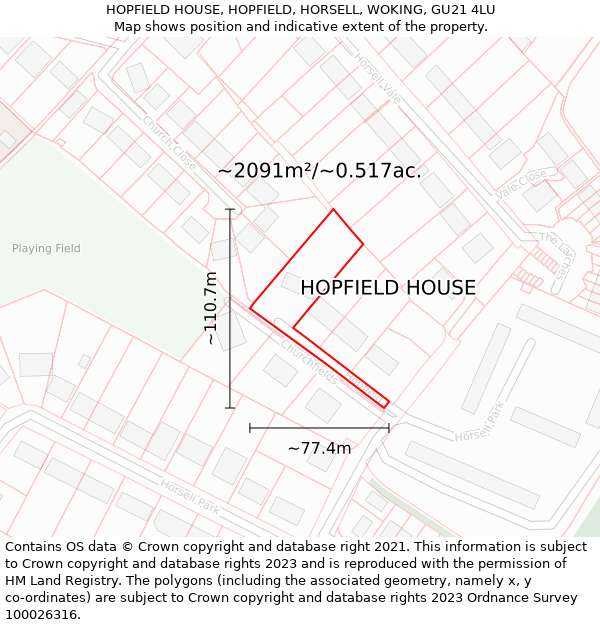 HOPFIELD HOUSE, HOPFIELD, HORSELL, WOKING, GU21 4LU: Plot and title map