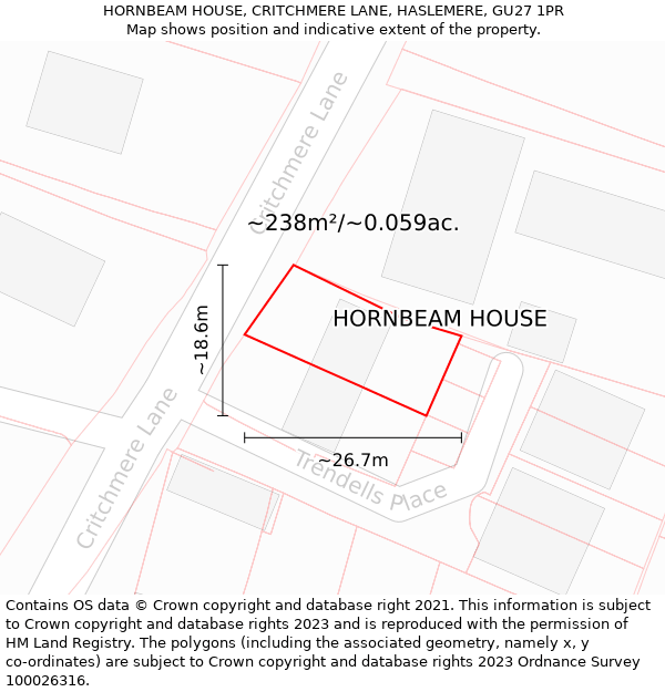 HORNBEAM HOUSE, CRITCHMERE LANE, HASLEMERE, GU27 1PR: Plot and title map