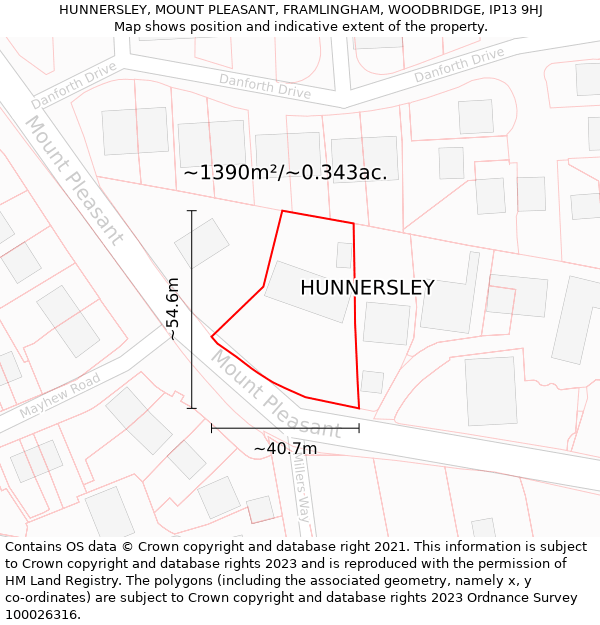 HUNNERSLEY, MOUNT PLEASANT, FRAMLINGHAM, WOODBRIDGE, IP13 9HJ: Plot and title map
