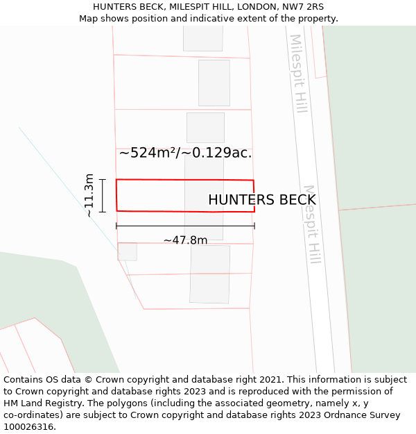 HUNTERS BECK, MILESPIT HILL, LONDON, NW7 2RS: Plot and title map