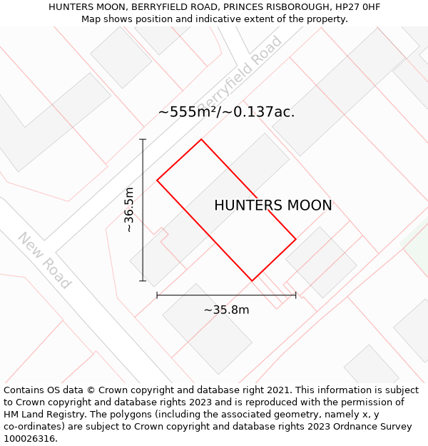 HUNTERS MOON, BERRYFIELD ROAD, PRINCES RISBOROUGH, HP27 0HF: Plot and title map