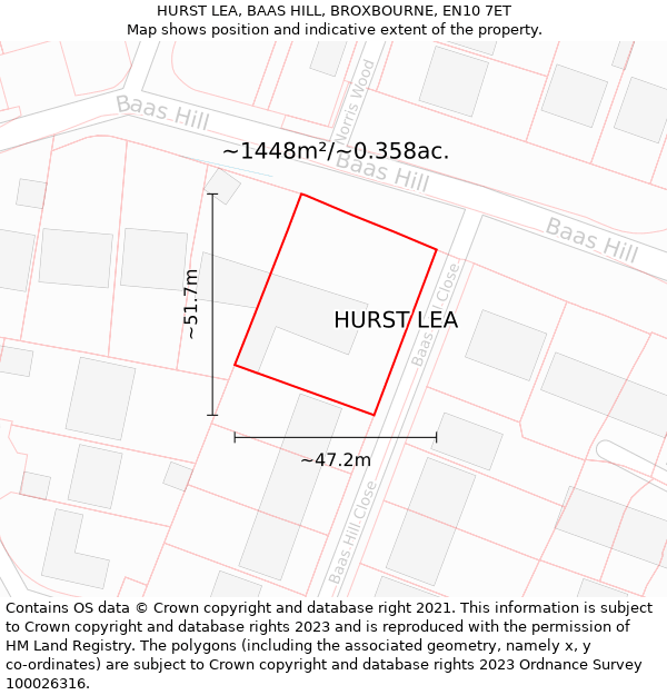 HURST LEA, BAAS HILL, BROXBOURNE, EN10 7ET: Plot and title map