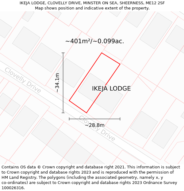 IKEJA LODGE, CLOVELLY DRIVE, MINSTER ON SEA, SHEERNESS, ME12 2SF: Plot and title map