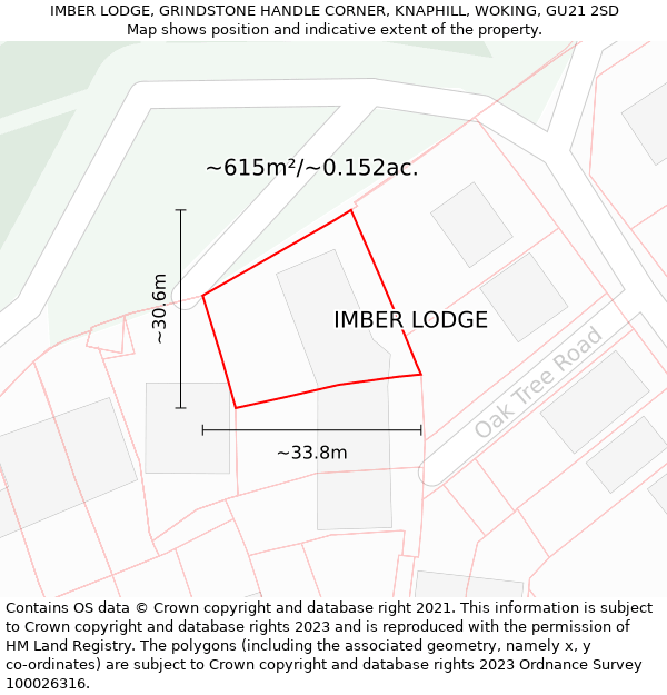 IMBER LODGE, GRINDSTONE HANDLE CORNER, KNAPHILL, WOKING, GU21 2SD: Plot and title map