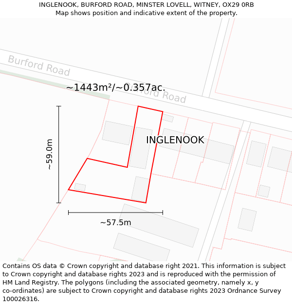 INGLENOOK, BURFORD ROAD, MINSTER LOVELL, WITNEY, OX29 0RB: Plot and title map