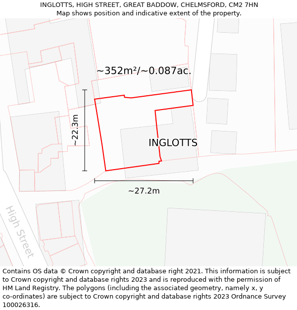 INGLOTTS, HIGH STREET, GREAT BADDOW, CHELMSFORD, CM2 7HN: Plot and title map