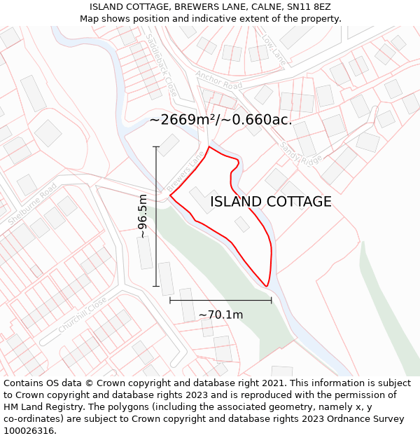ISLAND COTTAGE, BREWERS LANE, CALNE, SN11 8EZ: Plot and title map