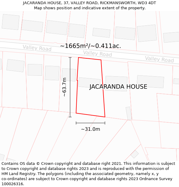 JACARANDA HOUSE, 37, VALLEY ROAD, RICKMANSWORTH, WD3 4DT: Plot and title map