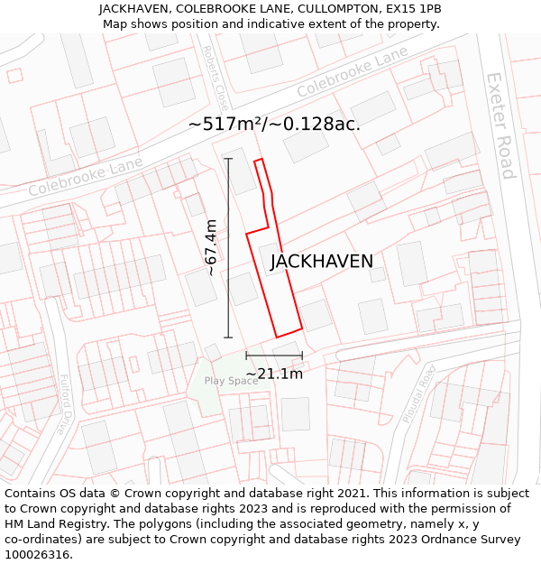 JACKHAVEN, COLEBROOKE LANE, CULLOMPTON, EX15 1PB: Plot and title map