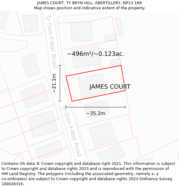 JAMES COURT, TY BRYN HILL, ABERTILLERY, NP13 1RR: Plot and title map
