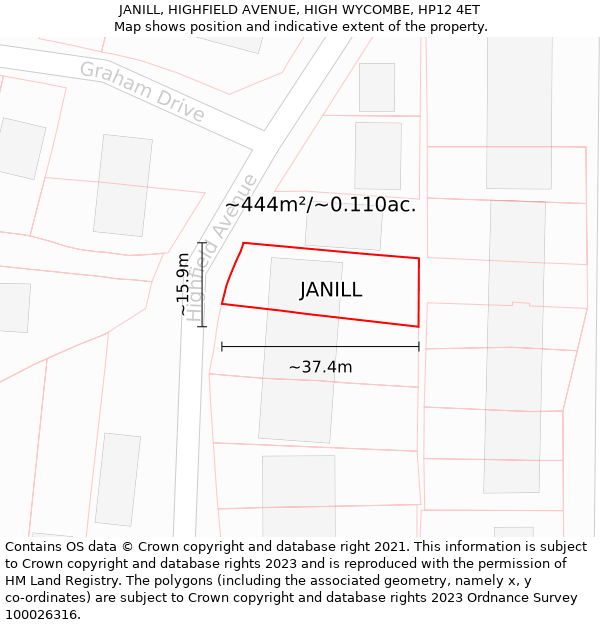 JANILL, HIGHFIELD AVENUE, HIGH WYCOMBE, HP12 4ET: Plot and title map