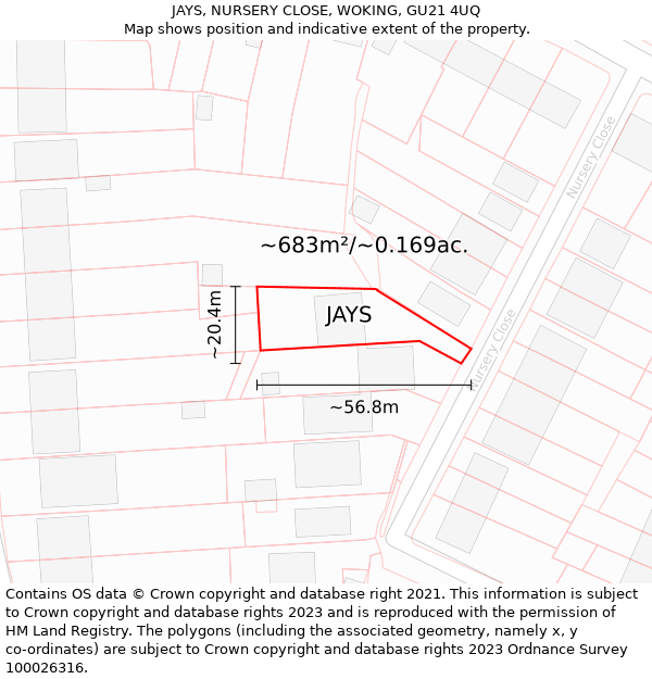 JAYS, NURSERY CLOSE, WOKING, GU21 4UQ: Plot and title map