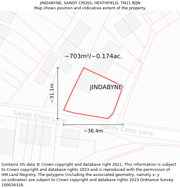 JINDABYNE, SANDY CROSS, HEATHFIELD, TN21 8QN: Plot and title map