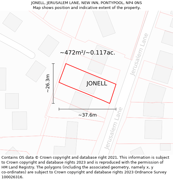 JONELL, JERUSALEM LANE, NEW INN, PONTYPOOL, NP4 0NS: Plot and title map