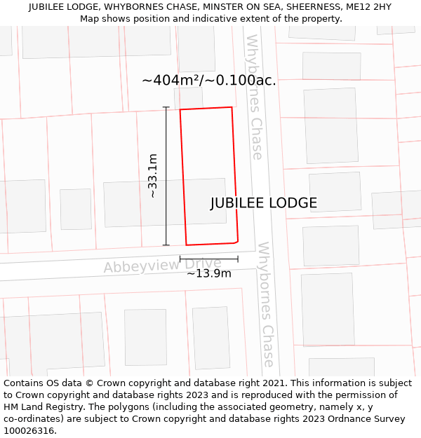 JUBILEE LODGE, WHYBORNES CHASE, MINSTER ON SEA, SHEERNESS, ME12 2HY: Plot and title map