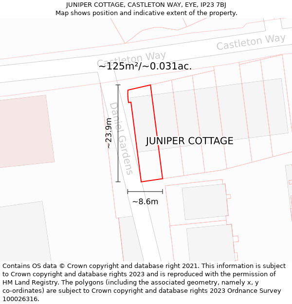 JUNIPER COTTAGE, CASTLETON WAY, EYE, IP23 7BJ: Plot and title map