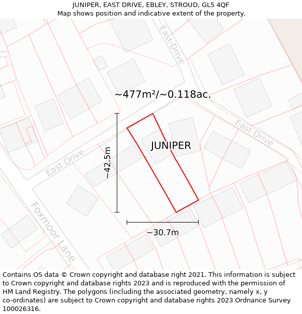 JUNIPER, EAST DRIVE, EBLEY, STROUD, GL5 4QF: Plot and title map