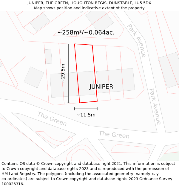 JUNIPER, THE GREEN, HOUGHTON REGIS, DUNSTABLE, LU5 5DX: Plot and title map