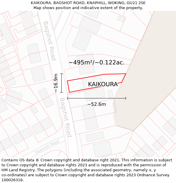 KAIKOURA, BAGSHOT ROAD, KNAPHILL, WOKING, GU21 2SE: Plot and title map