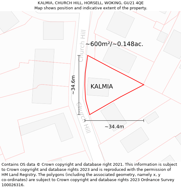 KALMIA, CHURCH HILL, HORSELL, WOKING, GU21 4QE: Plot and title map