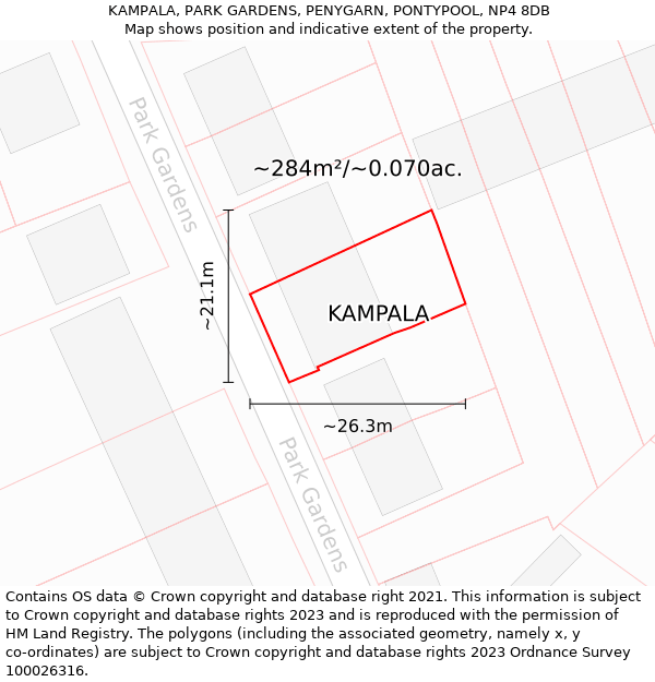 KAMPALA, PARK GARDENS, PENYGARN, PONTYPOOL, NP4 8DB: Plot and title map