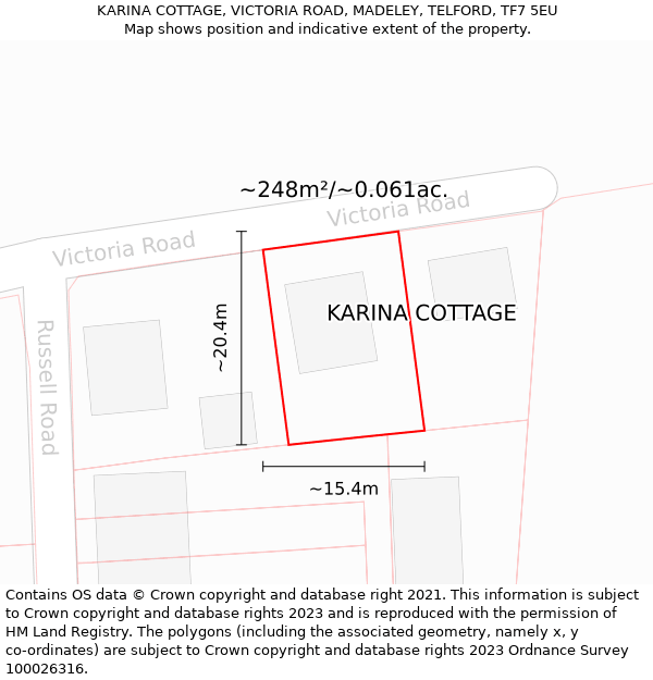 KARINA COTTAGE, VICTORIA ROAD, MADELEY, TELFORD, TF7 5EU: Plot and title map