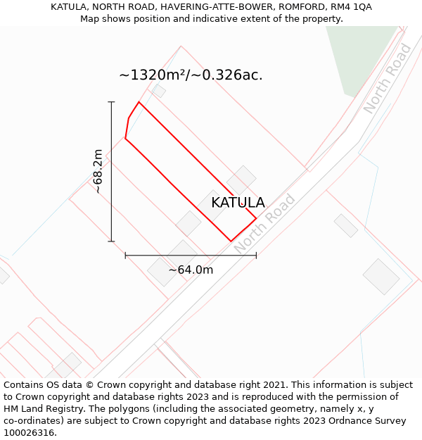 KATULA, NORTH ROAD, HAVERING-ATTE-BOWER, ROMFORD, RM4 1QA: Plot and title map