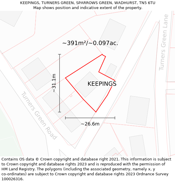 KEEPINGS, TURNERS GREEN, SPARROWS GREEN, WADHURST, TN5 6TU: Plot and title map