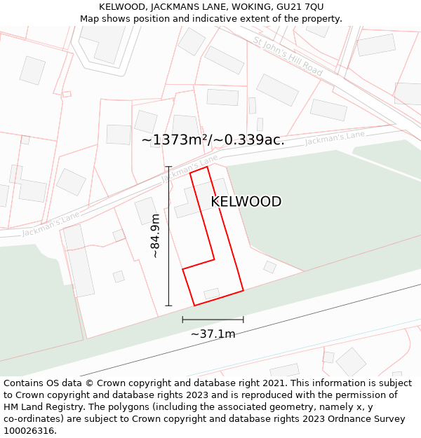 KELWOOD, JACKMANS LANE, WOKING, GU21 7QU: Plot and title map