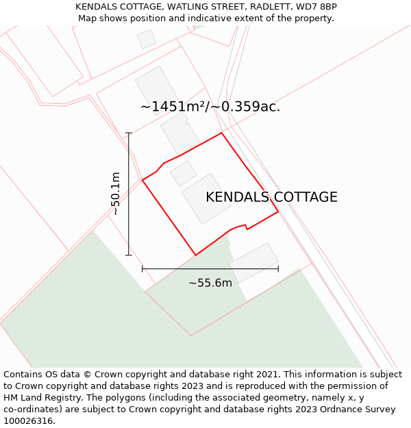 KENDALS COTTAGE, WATLING STREET, RADLETT, WD7 8BP: Plot and title map