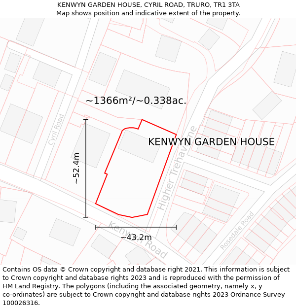 KENWYN GARDEN HOUSE, CYRIL ROAD, TRURO, TR1 3TA: Plot and title map